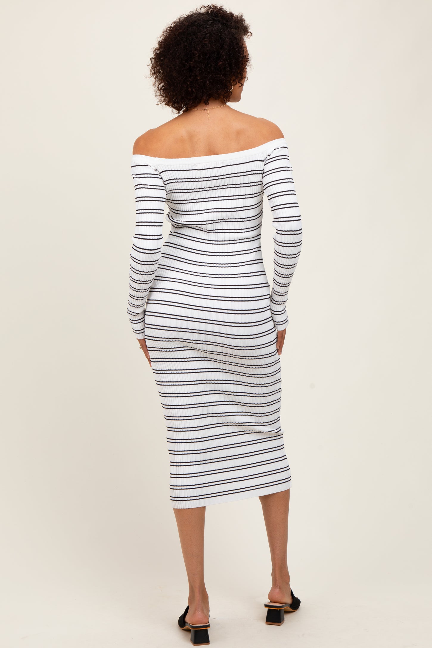 White Striped Ribbed Button Accent Off Shoulder Dress