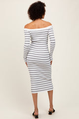 White Striped Ribbed Button Accent Off Shoulder Dress
