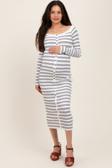 White Striped Ribbed Button Accent Off Shoulder Maternity Dress