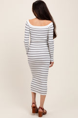 White Striped Ribbed Button Accent Off Shoulder Maternity Dress