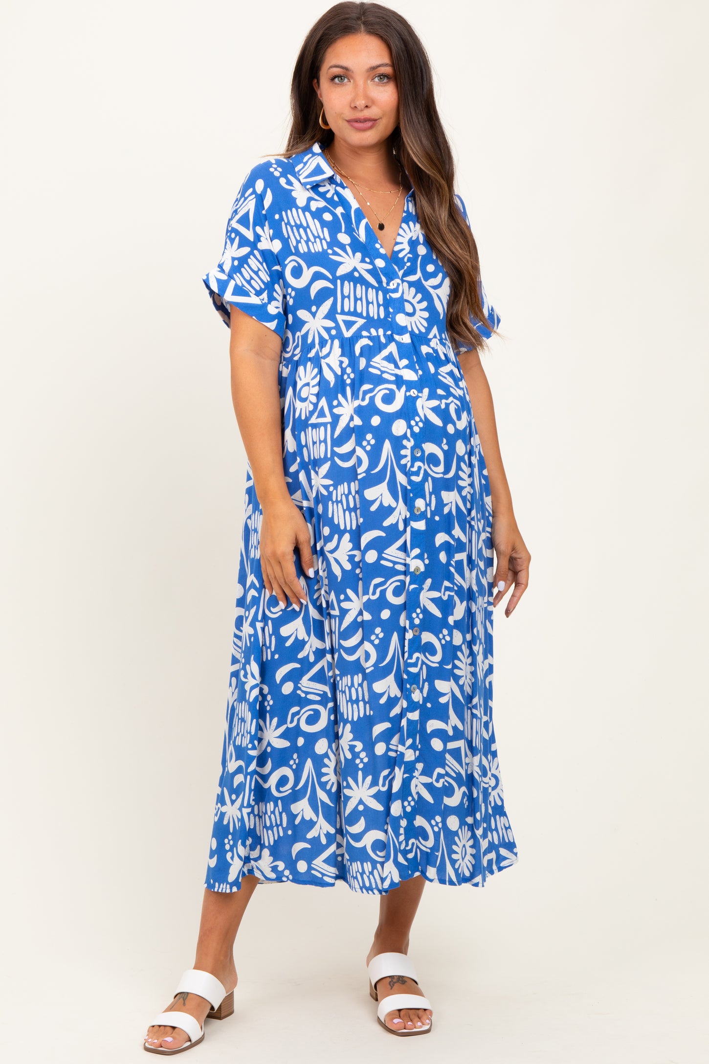Blue Abstract Floral Shirt Maternity Midi Dress
