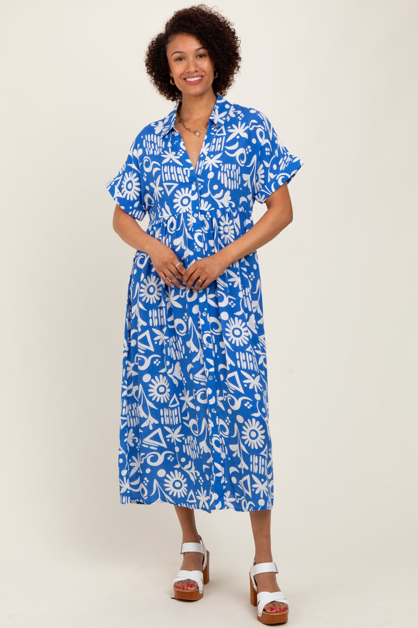 Blue Abstract Floral Shirt Maternity Midi Dress