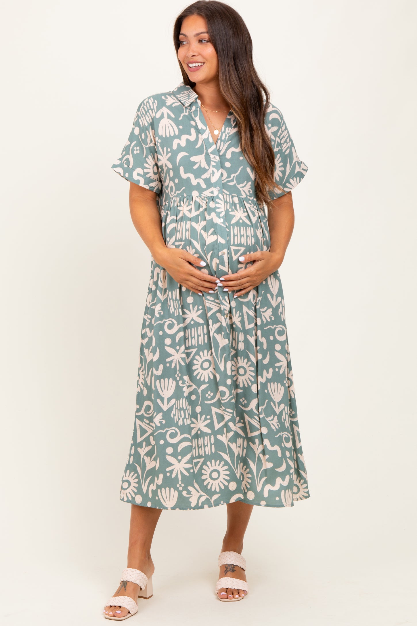 Mint Green Abstract Floral Shirt Maternity Midi Dress