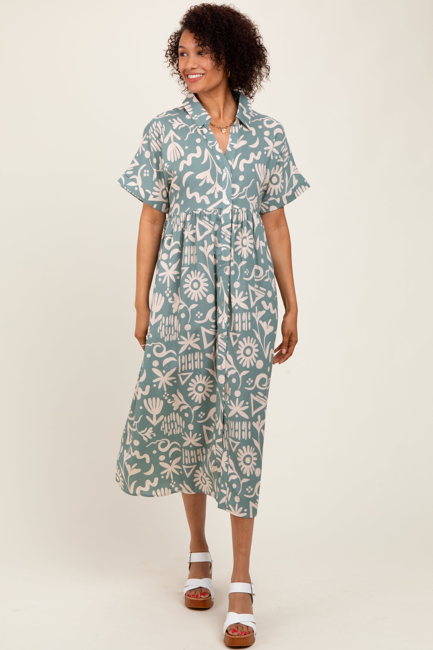 Mint Green Abstract Floral Shirt Midi Dress