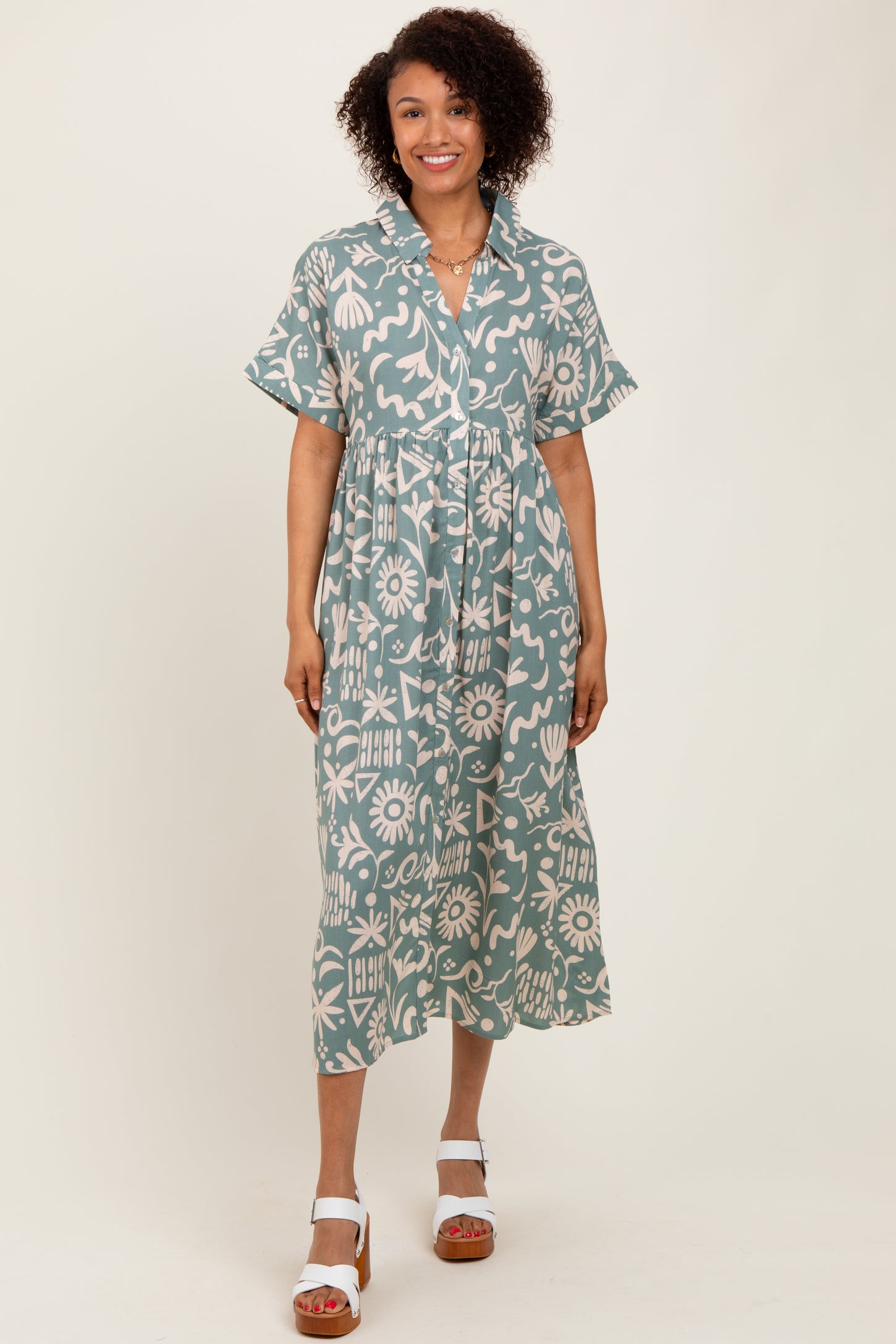 Mint Green Abstract Floral Shirt Midi Dress