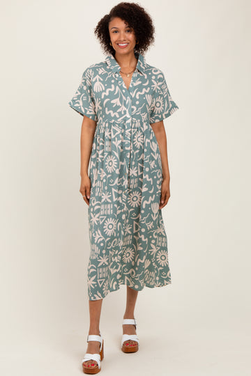 Mint Green Abstract Floral Shirt Midi Dress