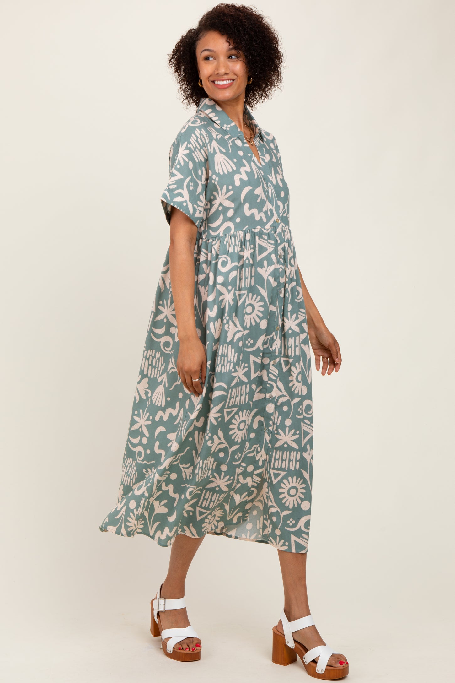 Mint Green Abstract Floral Shirt Midi Dress