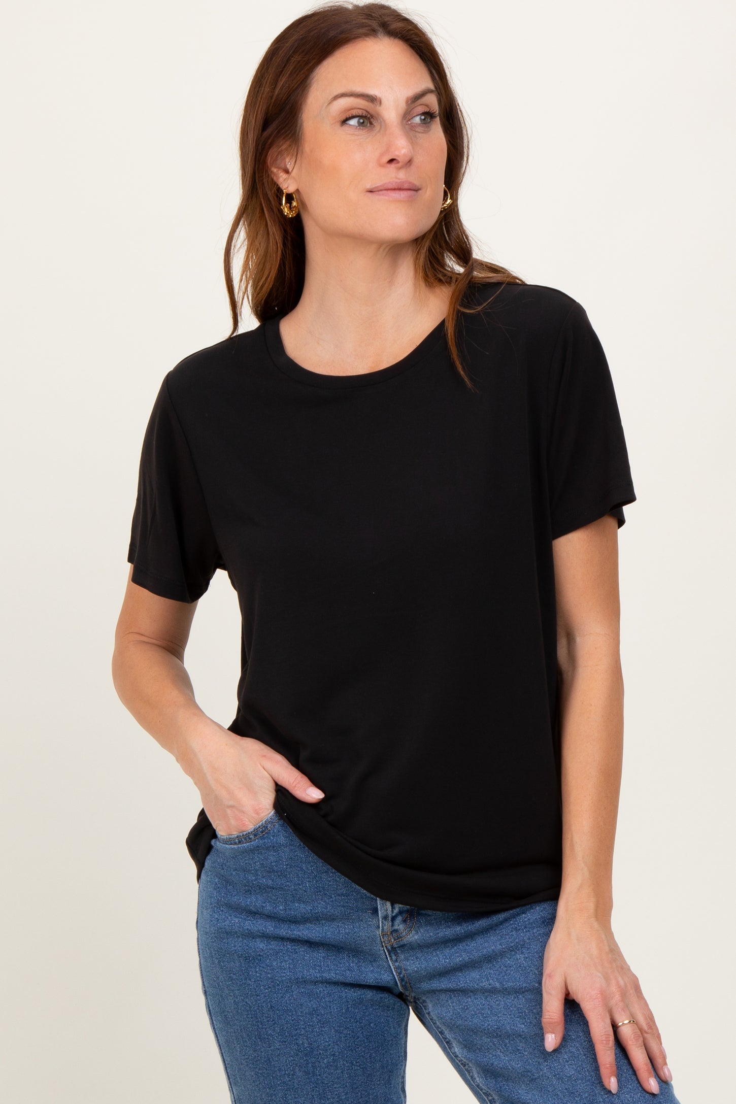 Black Basic Round Neck Short Sleeve Maternity T-Shirt