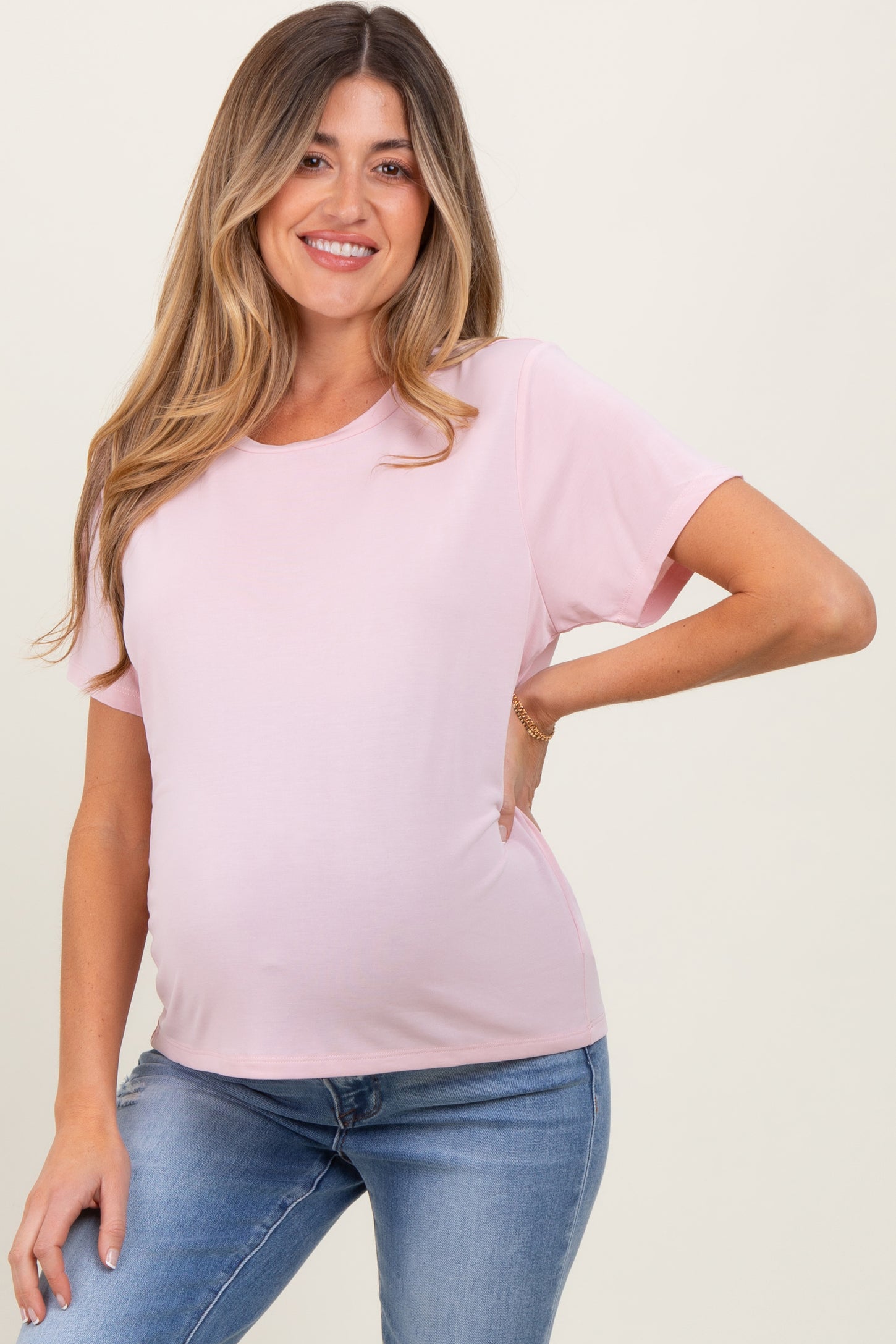 Light Pink Basic Round Neck Short Sleeve Maternity T-Shirt