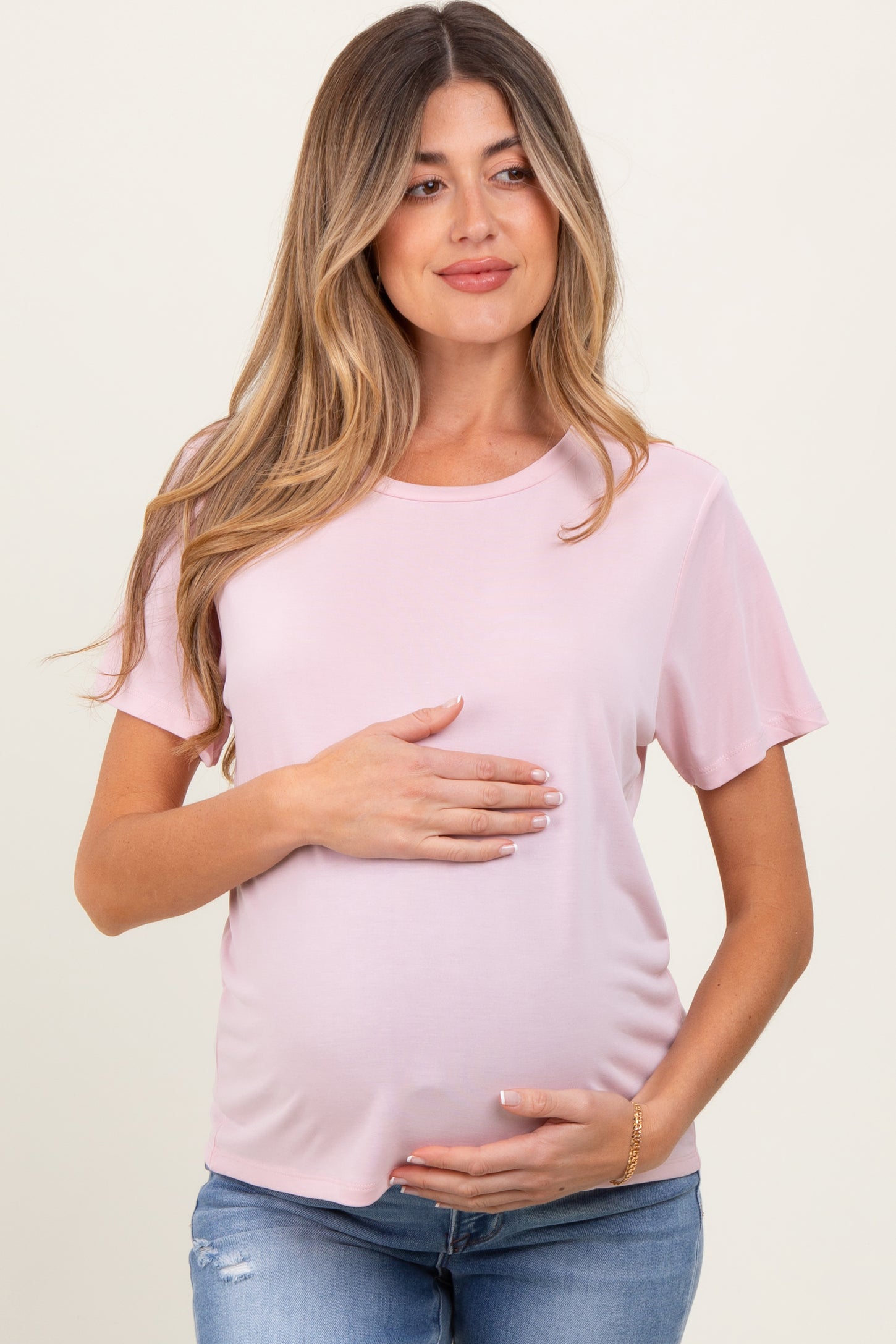 Light Pink Basic Round Neck Short Sleeve Maternity T-Shirt