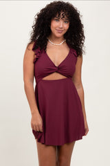 Burgundy Ribbed Ruffle Twist Front Maternity Swim Dress