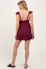 Burgundy Ribbed Ruffle Twist Front Maternity Swim Dress