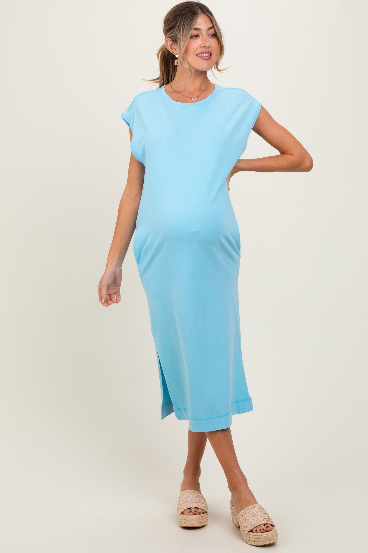 Aqua Casual Sleeveless Pocketed Maternity Midi Dress