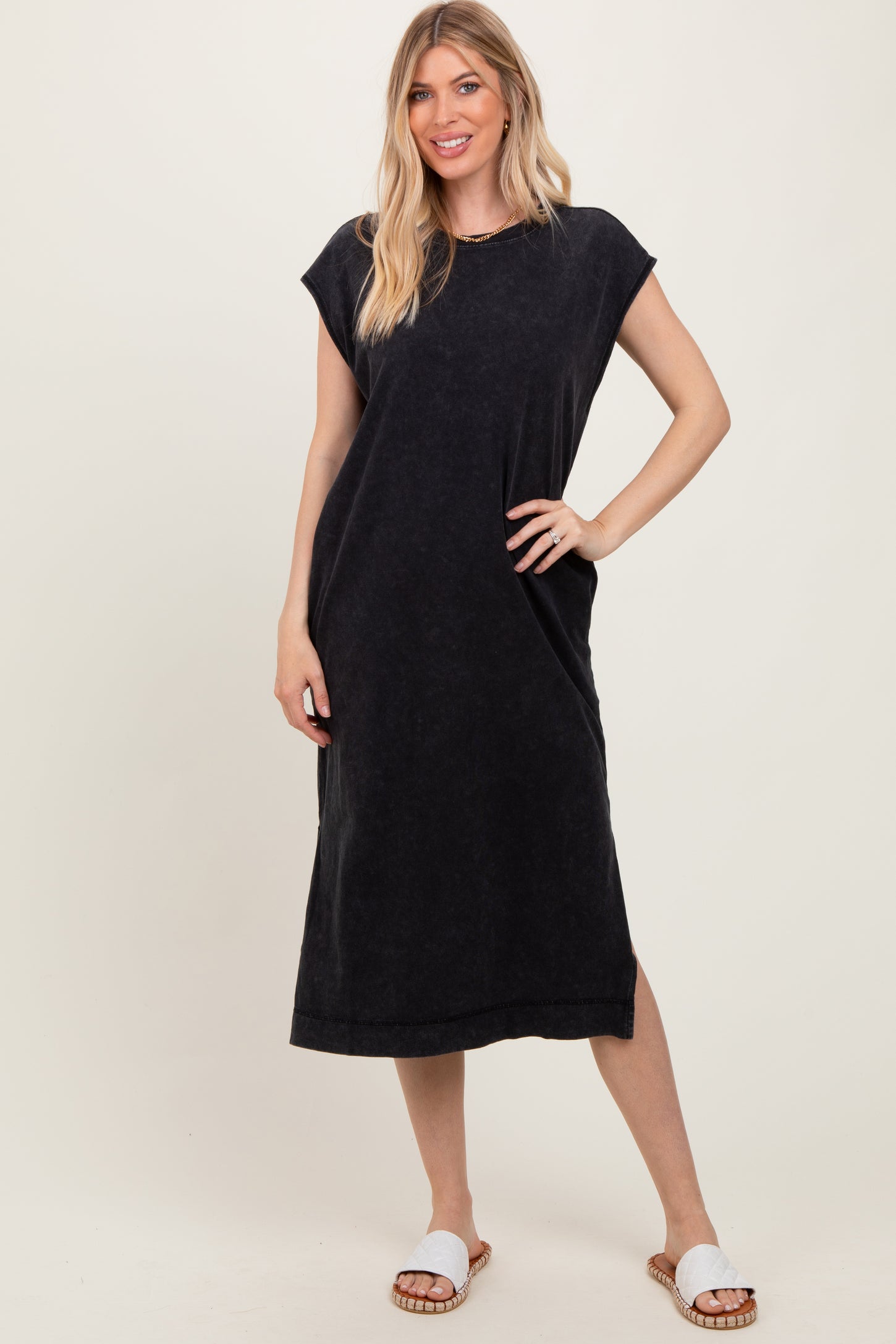 Black Casual Sleeveless Pocketed Midi Dress