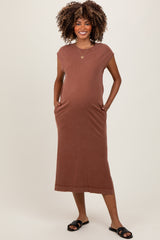 Camel Casual Sleeveless Pocketed Maternity Midi Dress