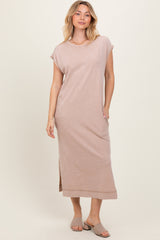 Taupe Casual Sleeveless Pocketed Maternity Midi Dress