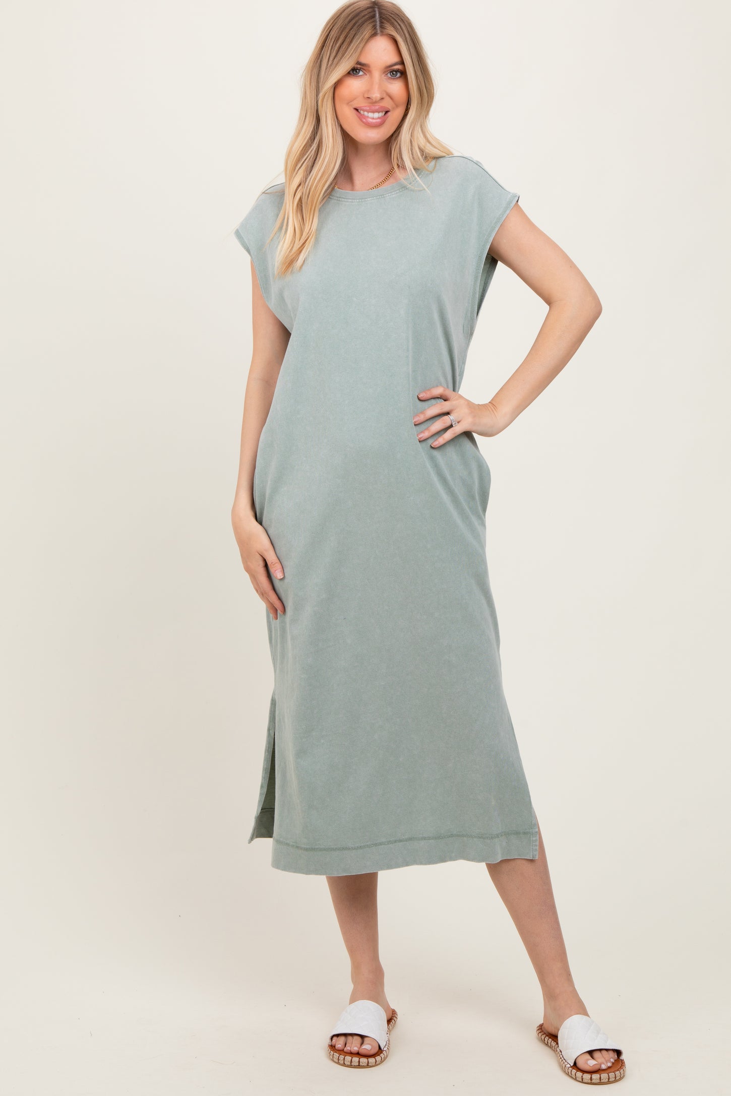 Sage Casual Sleeveless Pocketed Midi Dress