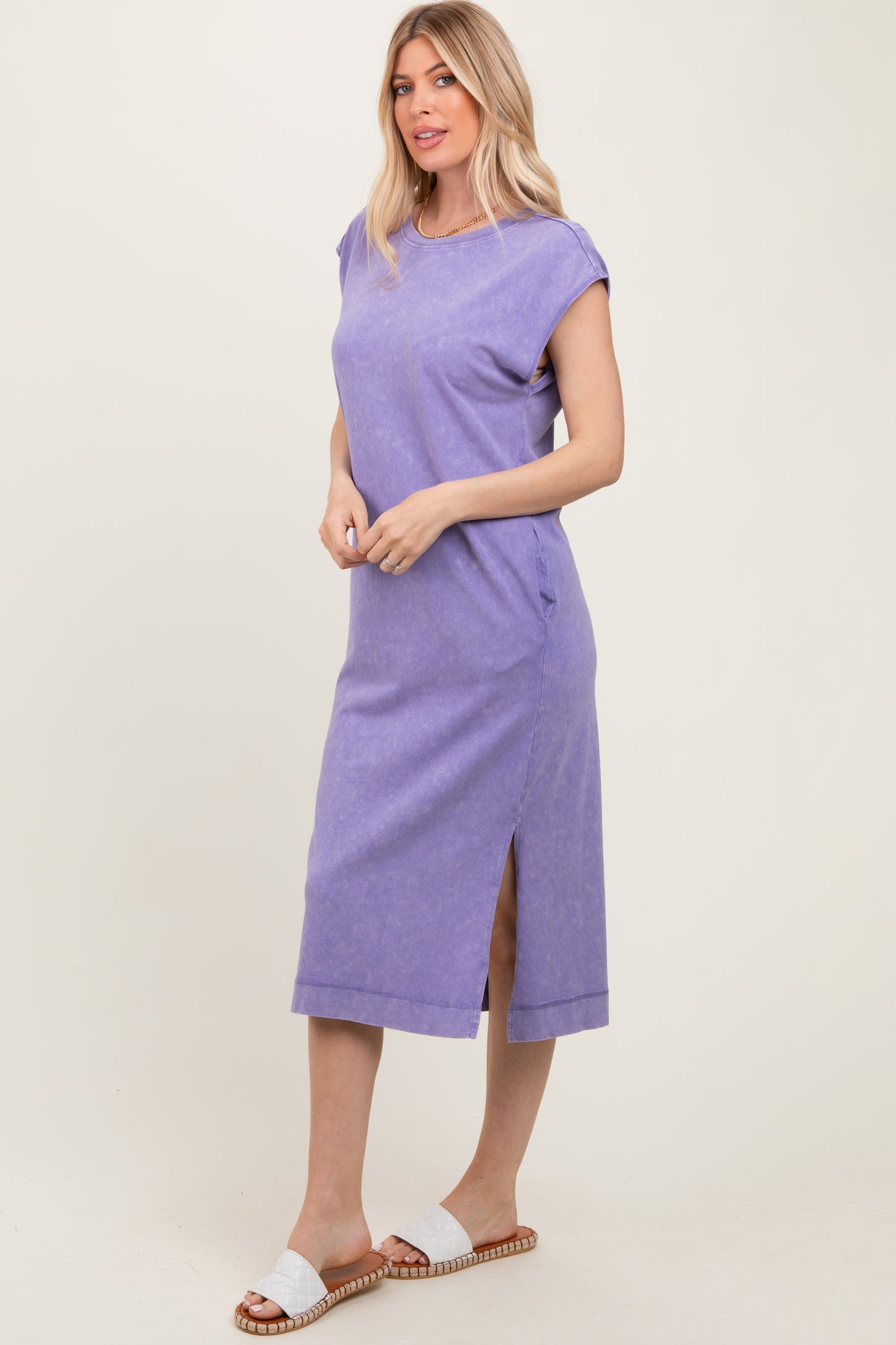 Lavender Casual Sleeveless Pocketed Midi Dress