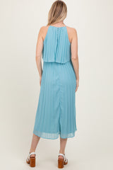 Blue Pleated Woven Midi Dress