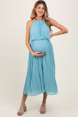 Blue Pleated Woven Maternity Midi Dress