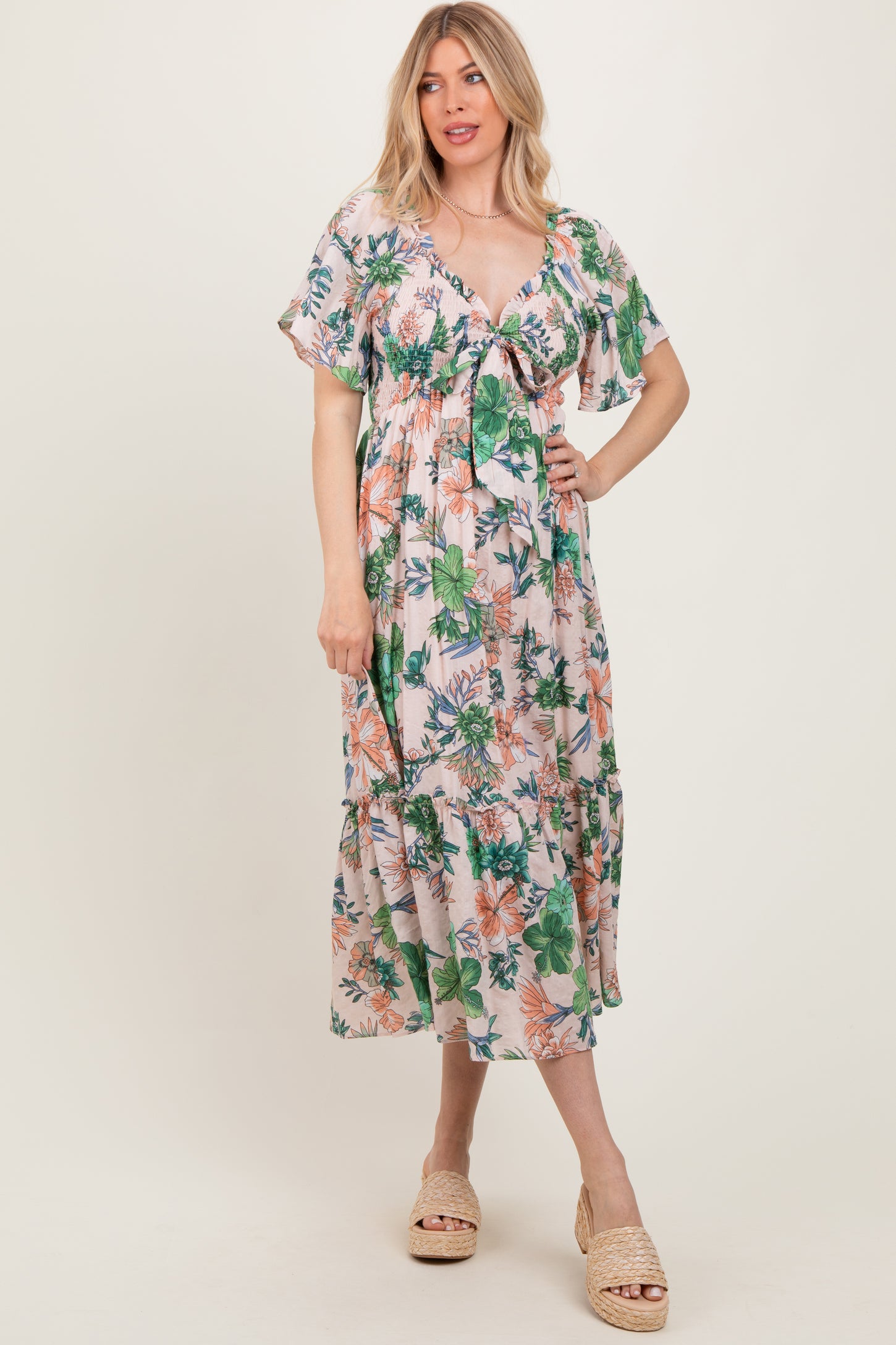 Light Pink Floral Print Woven Midi Dress