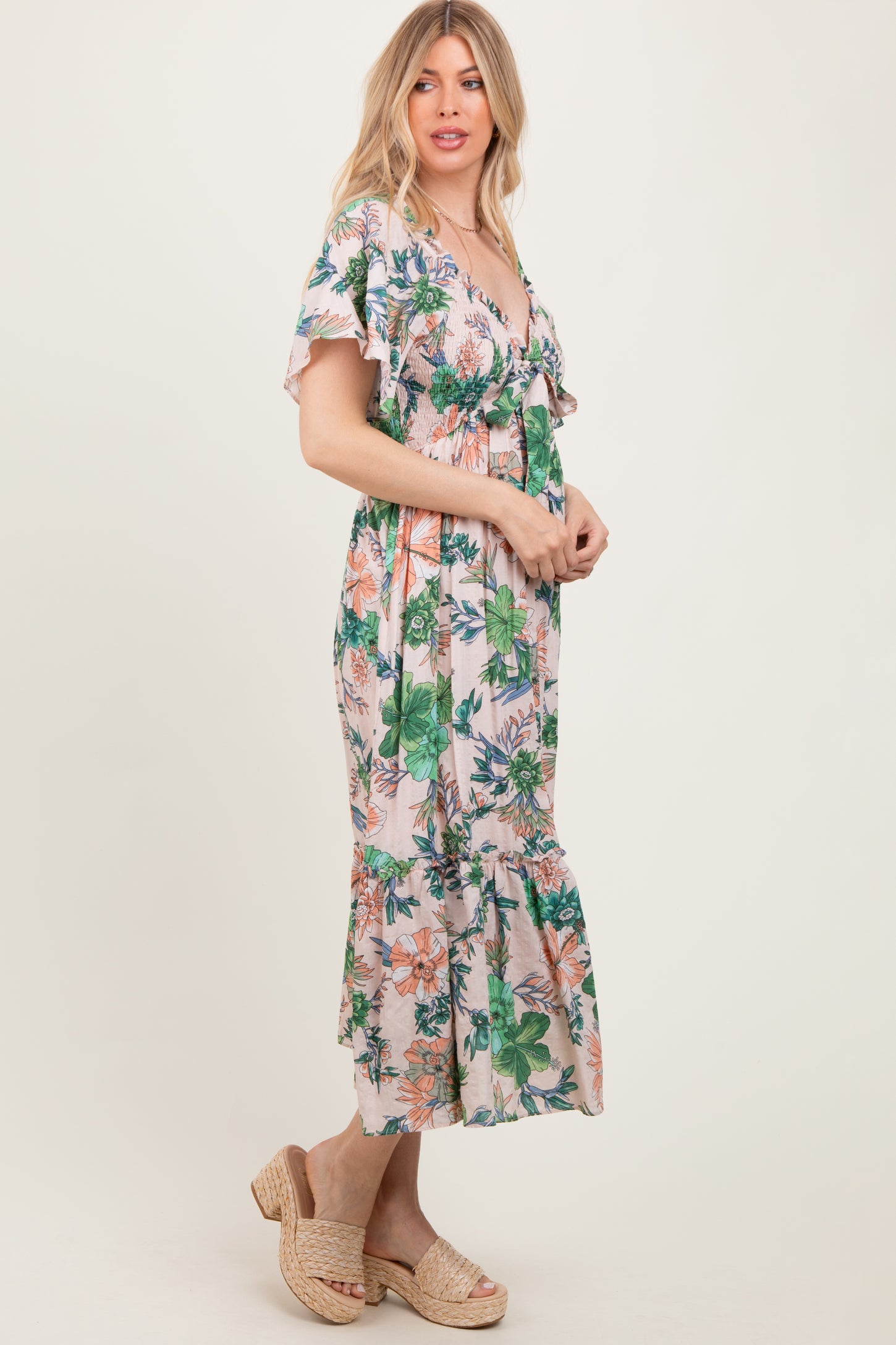 Light Pink Floral Print Woven Midi Dress