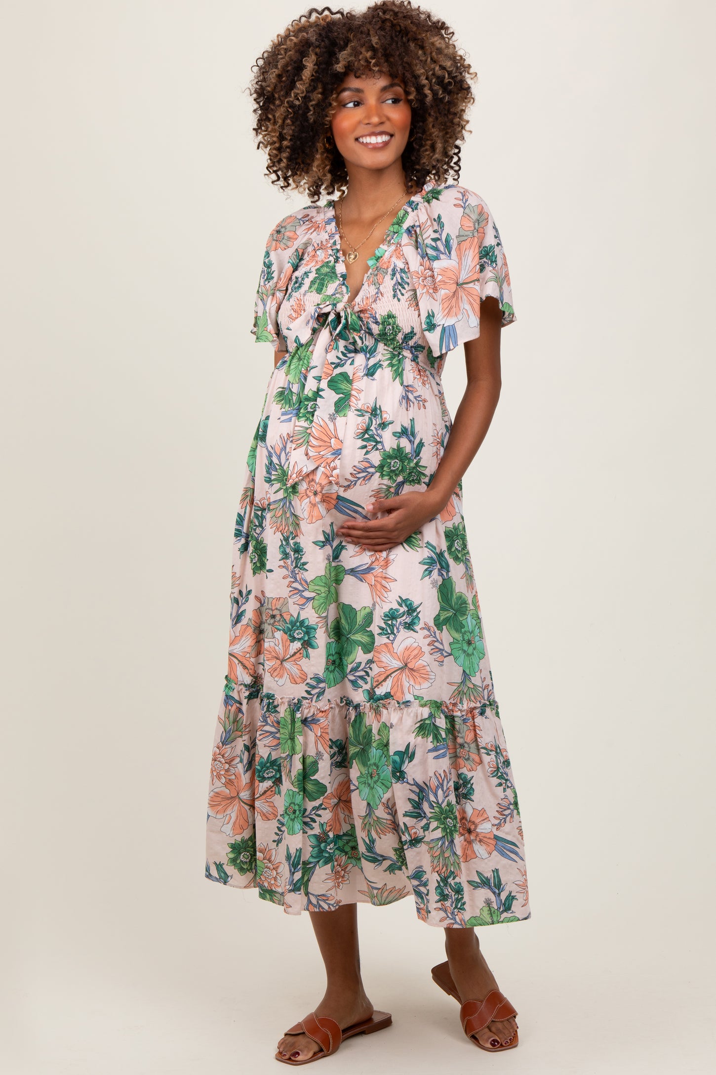 Light Pink Floral Print Woven Maternity Midi Dress