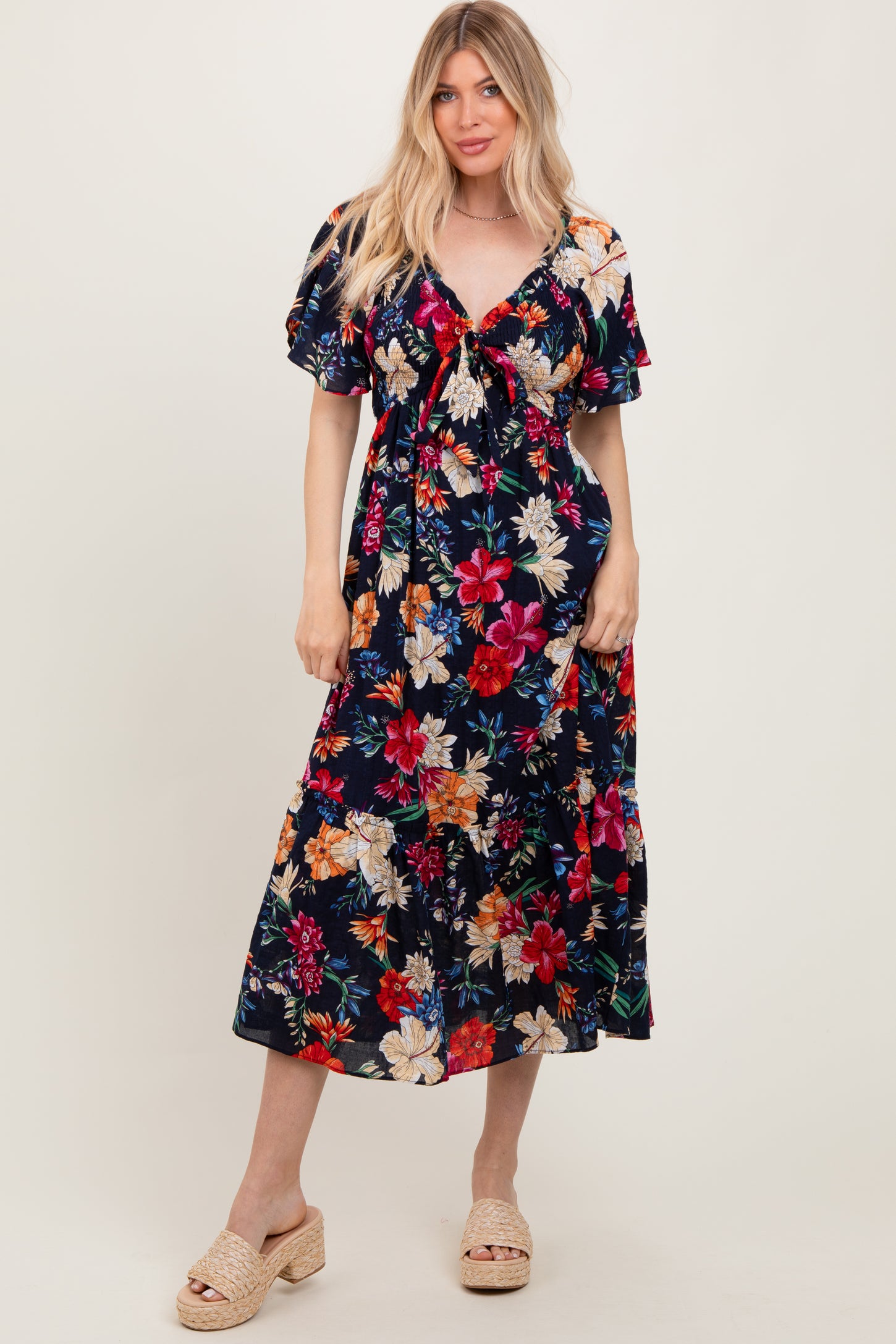 Navy Floral Print Woven Midi Dress