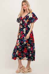 Navy Floral Print Woven Midi Dress