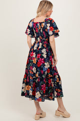 Navy Floral Print Woven Midi Dress
