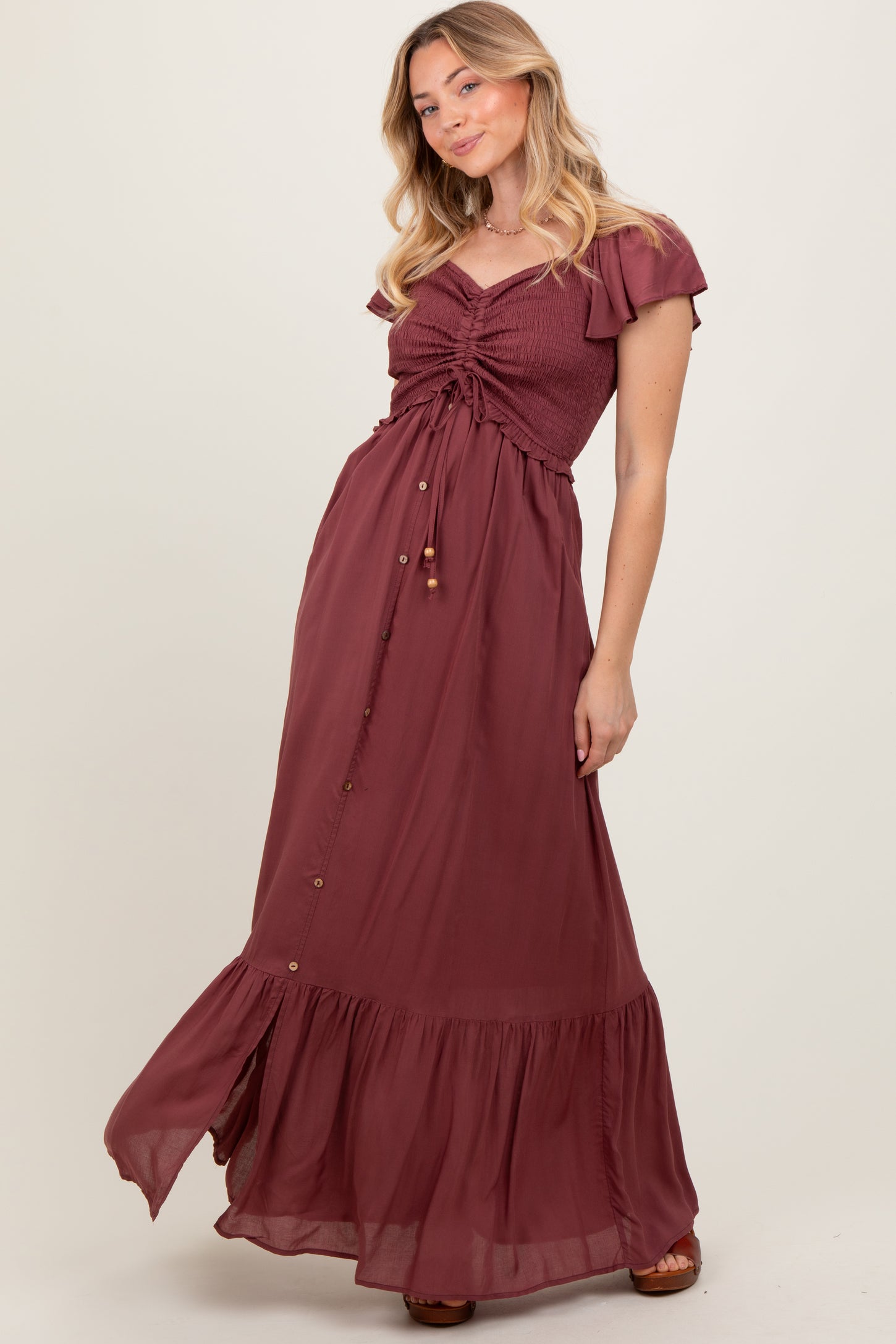 Burgundy Smocked Top Woven Maxi Dress