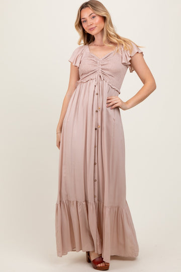 Taupe Smocked Top Woven Maxi Dress
