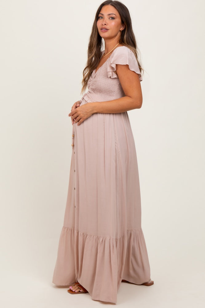 Taupe Smocked Top Woven Maternity Maxi Dress