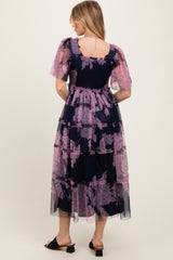 Navy Smocked Top Mesh Ruffled Midi Dress