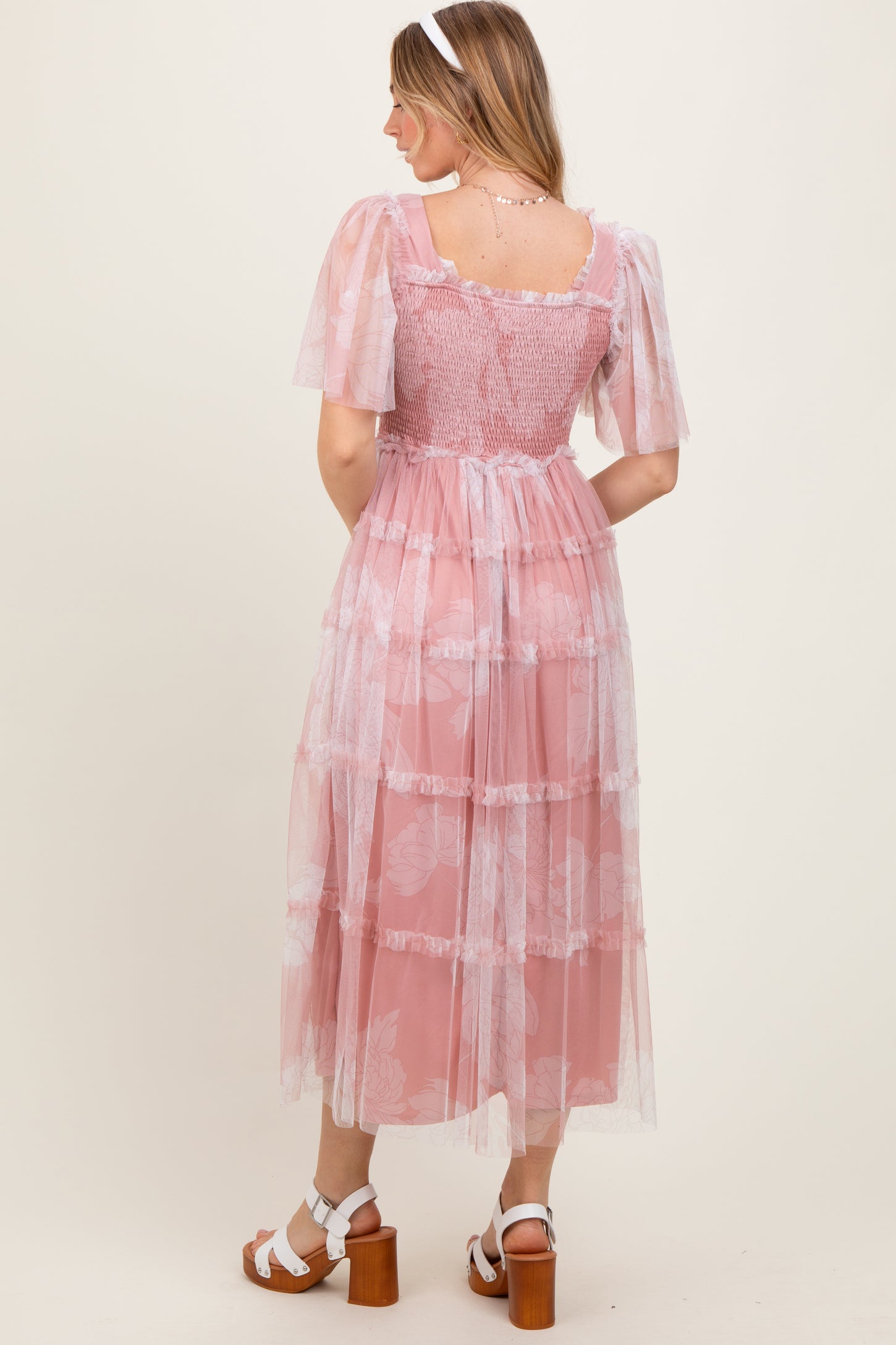 Pink Smocked Top Mesh Ruffled Midi Dress