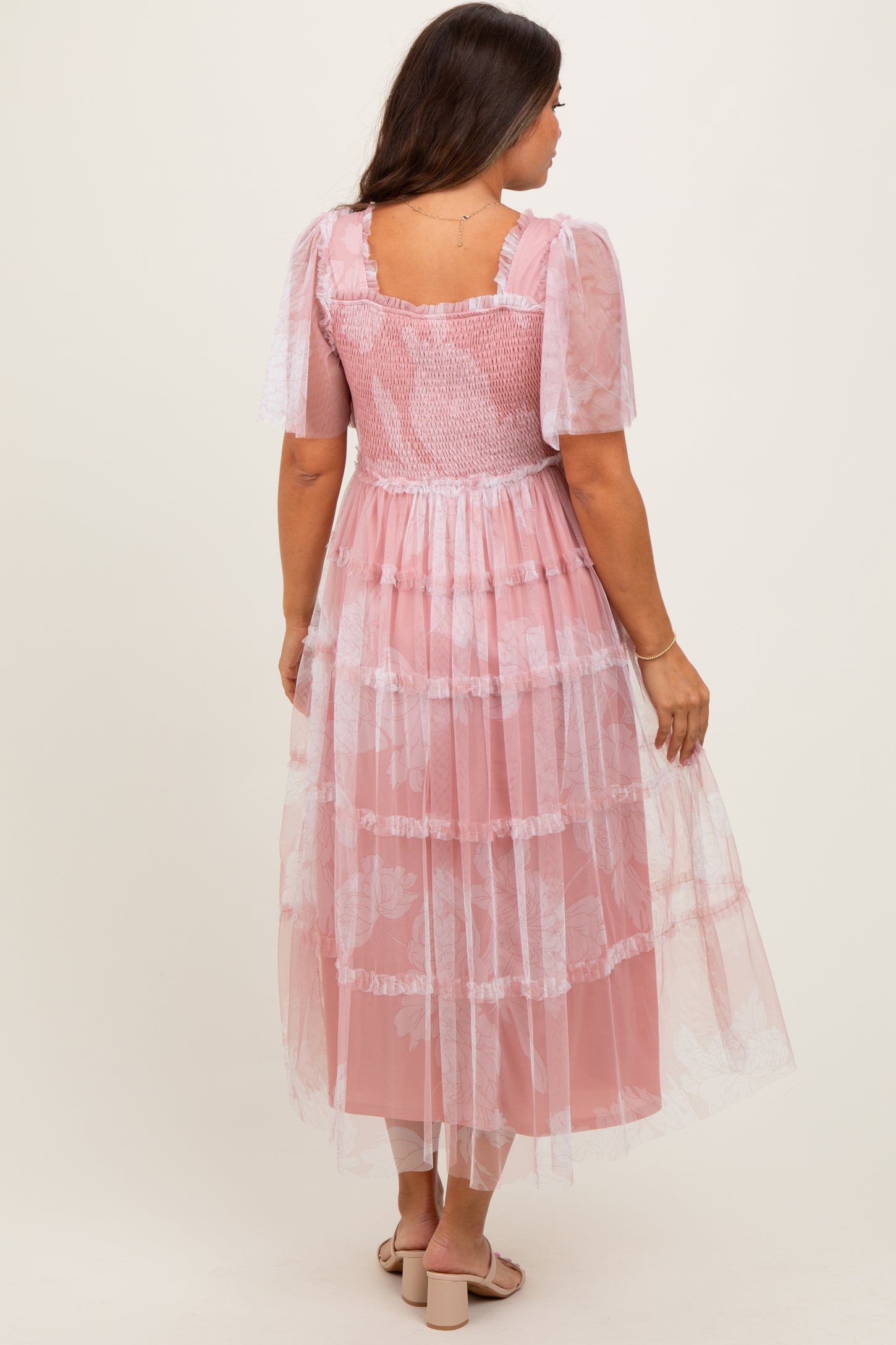 Pink Smocked Top Mesh Ruffled Maternity Midi Dress