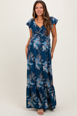 Navy Floral Smocked Cinched Top Maternity Maxi Dress