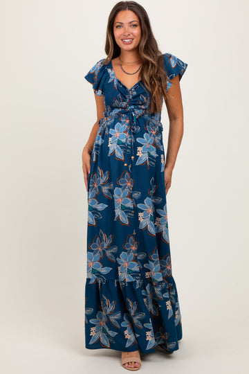 Navy Floral Smocked Cinched Top Maternity Maxi Dress