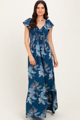 Navy Floral Smocked Cinched Top Maxi Dress