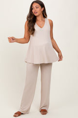 Cream Rib Knit Tank and Pant Maternity Set