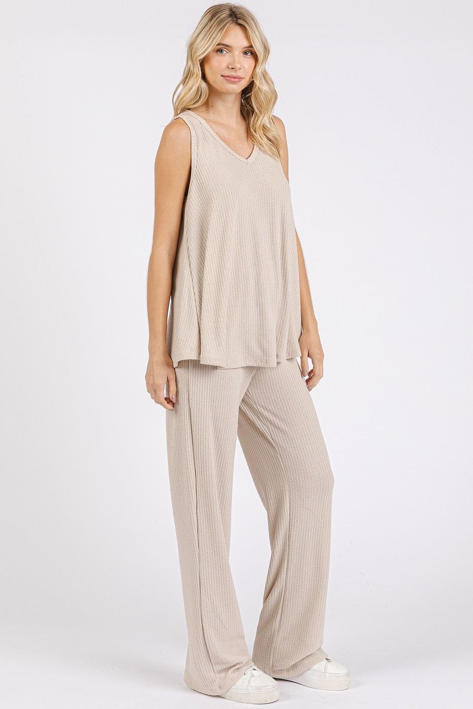 Cream Rib Knit Tank and Pant Set