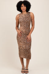 Taupe Leopard Knit Side Slit Midi Dress
