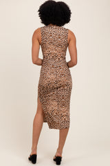 Taupe Leopard Knit Side Slit Midi Dress