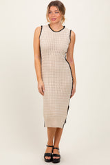 Oatmeal Pointelle Contrast Trim Sweater Midi Dress