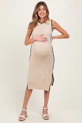 Oatmeal Pointelle Contrast Trim Sweater Maternity Midi Dress