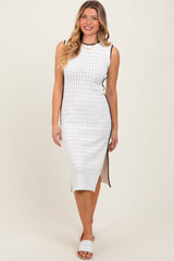 White Pointelle Contrast Trim Sweater Midi Dress