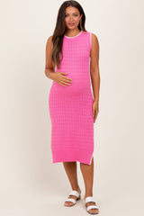Pink Pointelle Contrast Trim Sweater Maternity Midi Dress