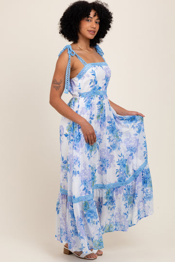 Blue Floral Shoulder Tie Tiered Maxi Dress