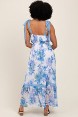 Blue Floral Shoulder Tie Tiered Maxi Dress