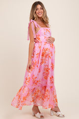 Pink Floral Shoulder Tie Tiered Maternity Maxi Dress